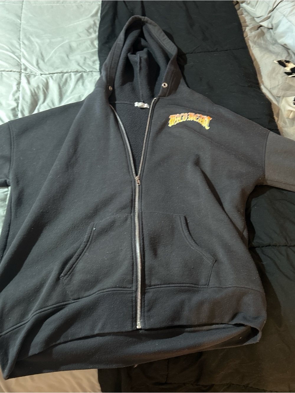 Women’s Black Zip-Up Hooded Jacket with Embroidered Chest Detail